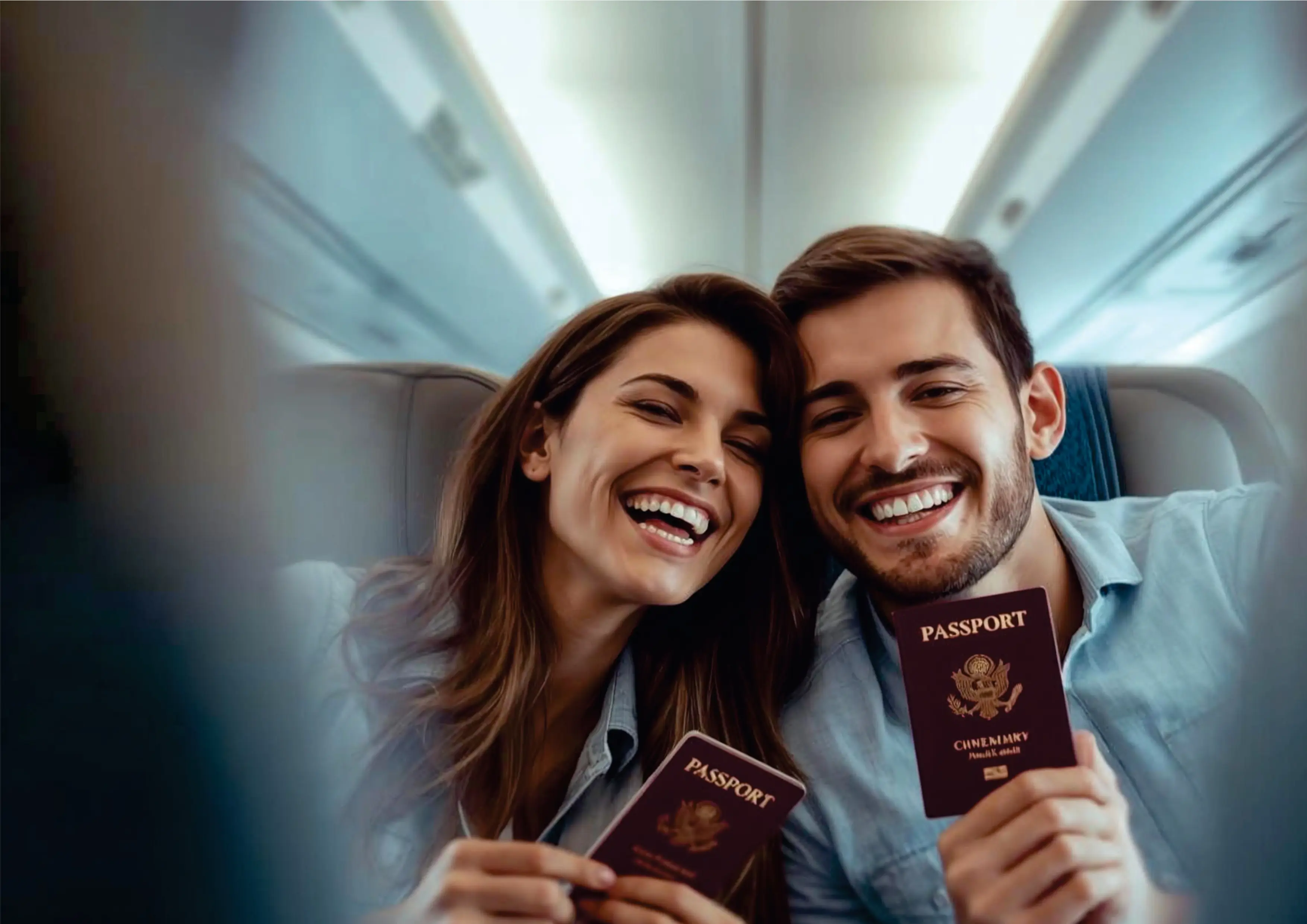 Pareja con pasaporte en aeropuerto